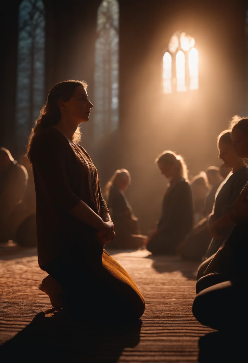 Ultra realistic photo of people praying with some daylights in the background, 8k resolution.