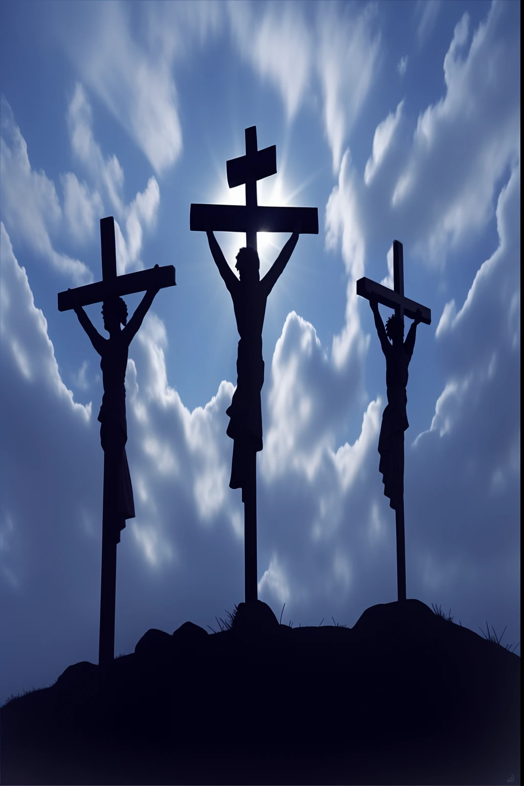 Three crosses on a hill with clouds in the background, crucifixion, Jesus na Cruz, Jesus na Cruz, Jesus Cristo na Cruz, Crucifixo, Sombra da Cruz, Cruzes, cruz, Jesus Cristo, Christian art, Trindade, religioso, Santa Cruz, salvation, religión, Jesus, cross composition, Directed by: Carlos Trillo Nome
