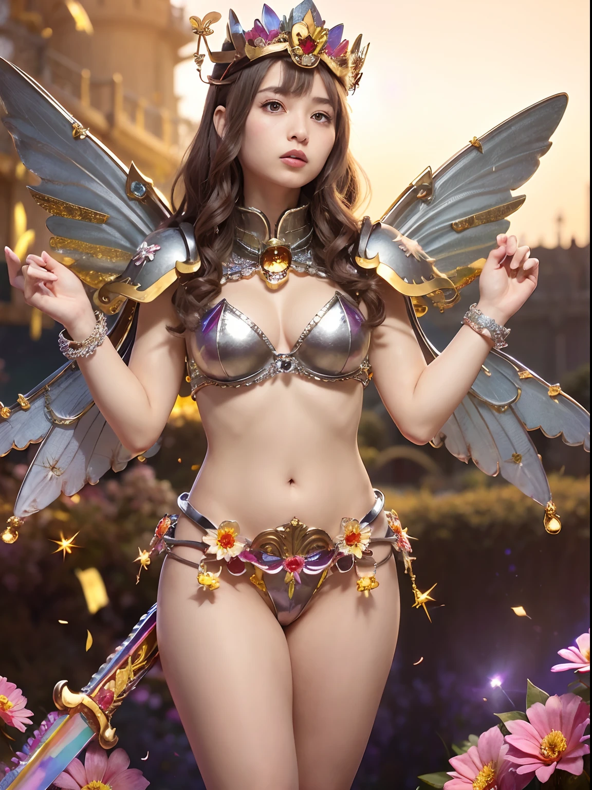 (masutepiece), Professional , ​masterpiece、top-quality、photos realistic , depth of fields （Gemstone Flower Metal Body:1.4),(Matte Silver、Jewel Gold Weapon、（Gorgeous castle background）、（ultimate beauty girl）、（Flower rainbow fairy wings grow）、（Jewel Flower Metal Body:1.９),Gorgeous Jewel Metal Weapons , Detailed Sword of the Brave ,（ a blond）   ,warhammer 40k ,(（Floral Micro Bikini）)、Particles of light、（Beautiful flower garden background）、 adepta sororitas,Detail and ornate jewel crown、2guys、Brown hair、（Gangle's forest background）、Beautiful Caucasian beauty、dynamic ungle,(((Diamond tiara with detail and luxury)))、a small face、Powerful poses、（Gorgeous castle background）、huge filesize、20 year old beautiful woman、Thin female fingers、Straight long hair、Beautiful Caucasian beauty、Valley、Fairy of Light、Particles of light、