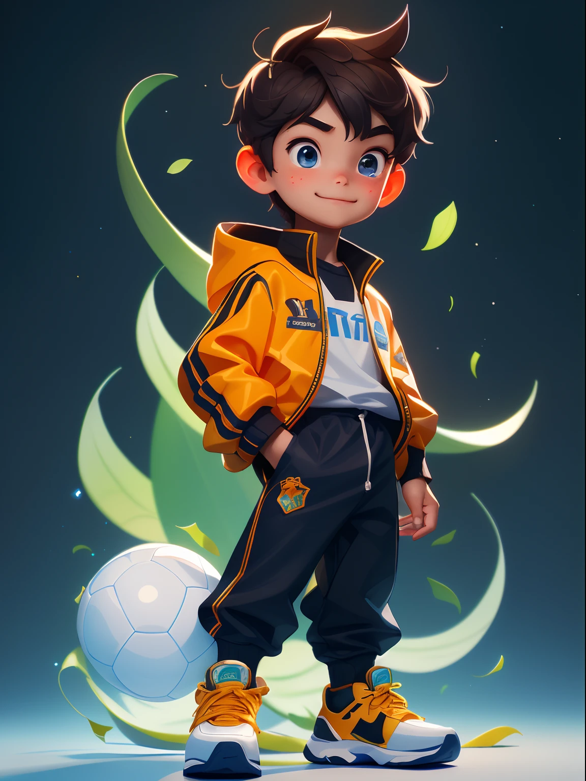 10 year old boy，Towards the future，tmasterpiece，HighestQuali，（（Photorealsitic：1.4））tmasterpiece，（tmasterpiece，Best quality at best）Five cute **********s，Wearing a black nike tracksuit，Orange football shoes，soccer ball under feet，Elaborate Eyes，happy grin，clean backdrop，Delicate sheen，8k，C4D，rendering，illustratio，very delicate beautiful，highly detailed CG，8k wallpaper，astounding，finely detailled，highly detailed CG Unity 8k wallpapers，hugefilesize，super detailing，超A high resolution，A high resolution，Very detailed，（（very detailed eyes and faces）），美丽细致的眼睛，Very delicate face， perfect litthing，Facial light，Natural colors，（（10-year-old boy）），From the front light