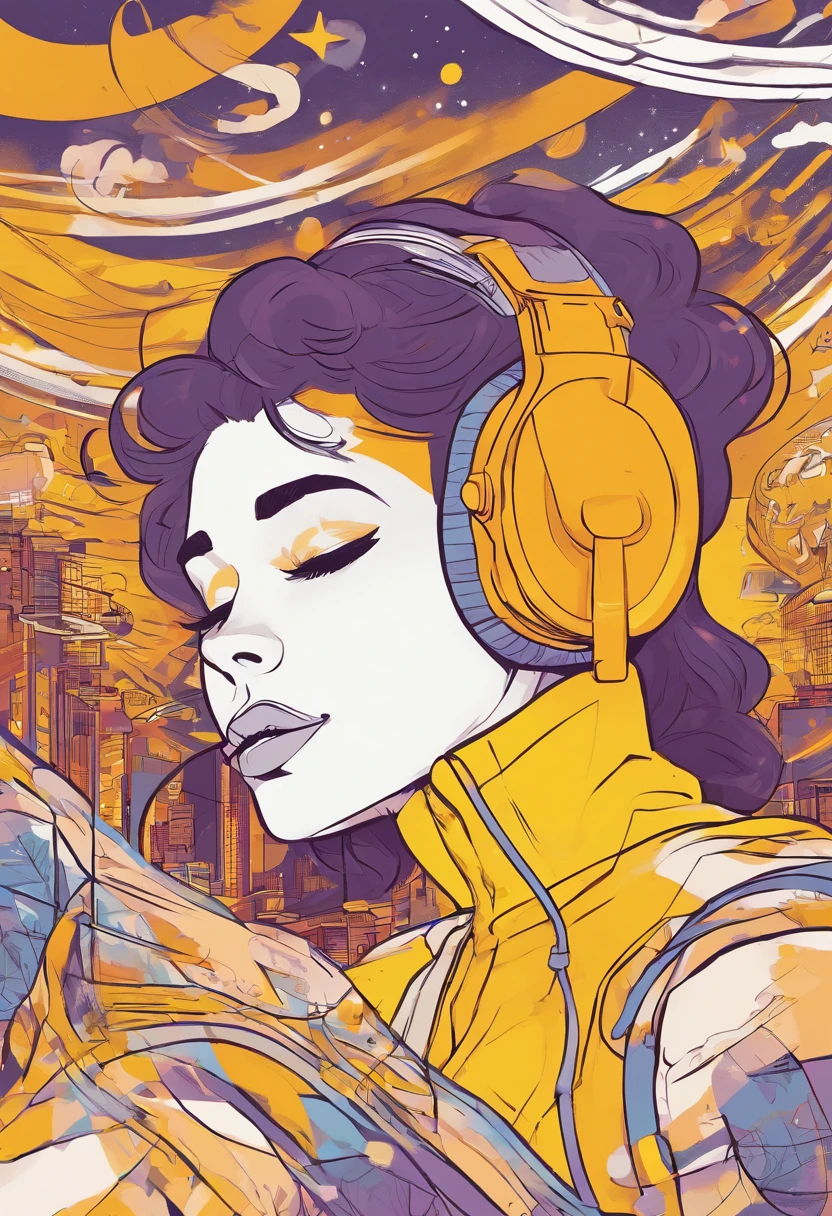 a LOFI figure of a woman listening to music and transitioning into space, onde as notas musicais vao saindo do seu fone de ouvido, estilo cartoon, com cores amarelo e roxa apenas