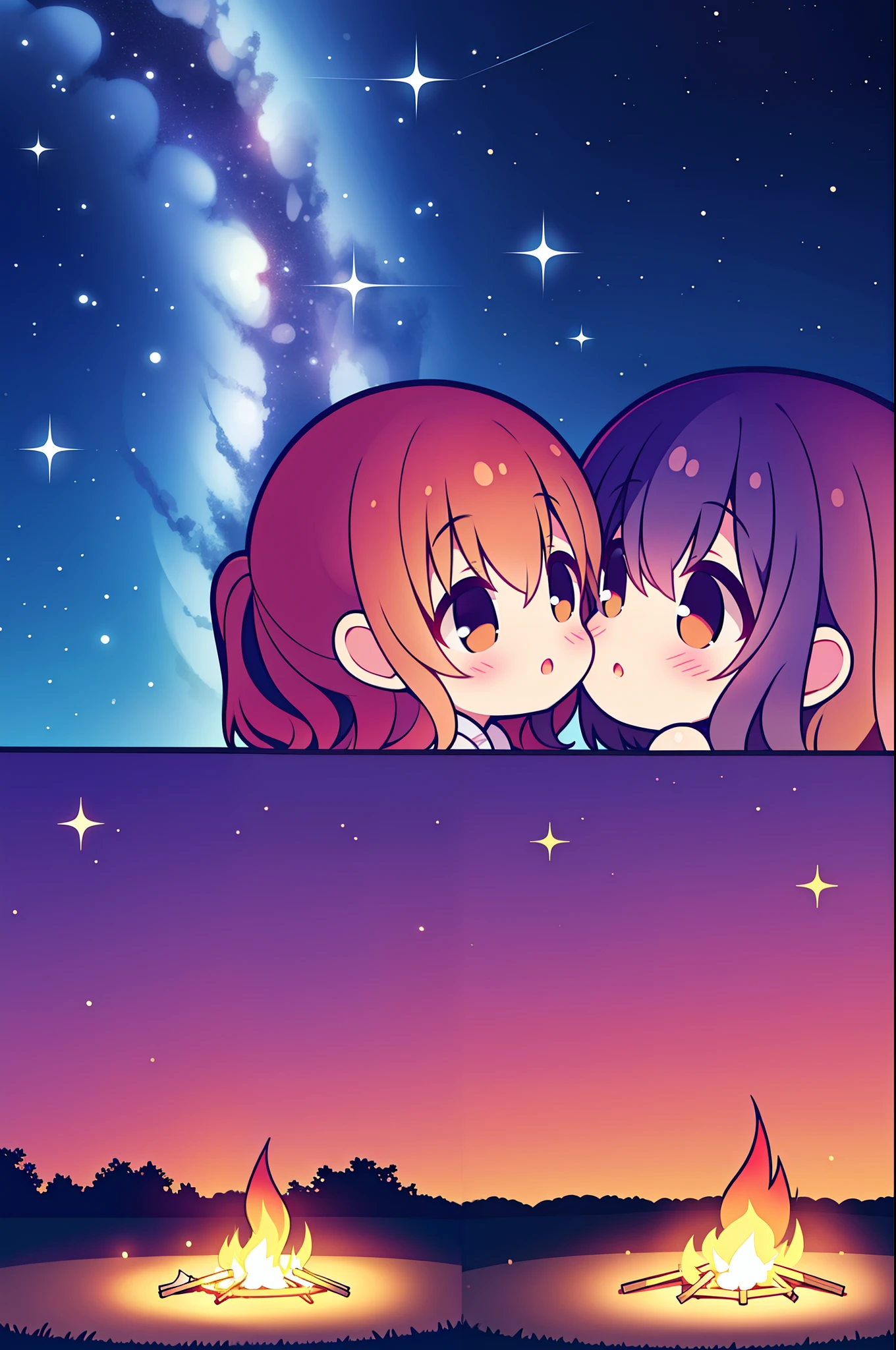 night sky full of stars、camp、Near the bonfire、2 girls in、embracing each other、the kiss、Deep kissing、lesbian、red blush、ssex