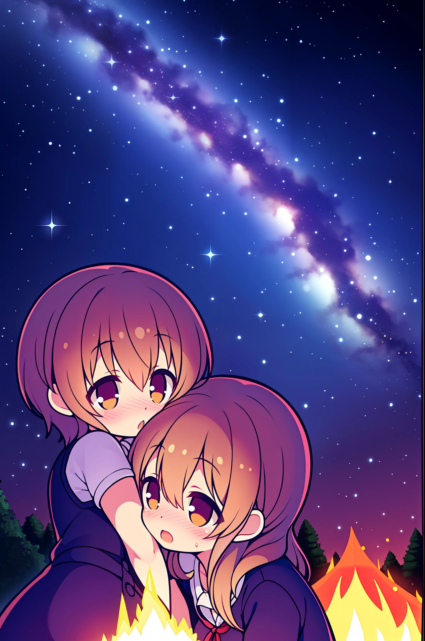 night sky full of stars、camp、Near the bonfire、2 girls in、embracing each other、the kiss、Deep kissing、lesbian、red blush、ssex