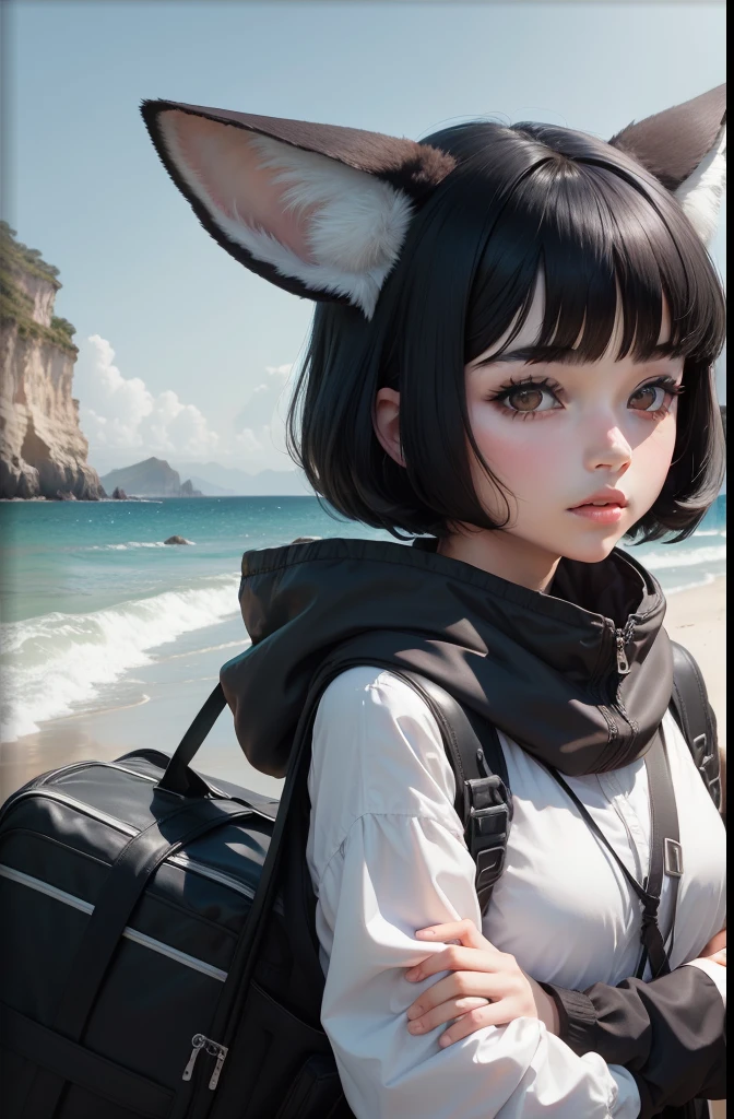 Black-haired girl with a jellyfish haircut with black Fennec ears and, com olhos cinzentos and travelling clothes