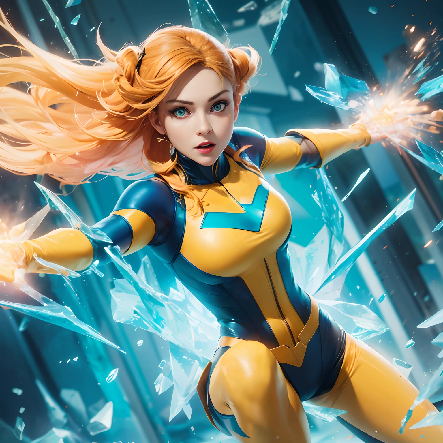 glowing eyes uhd pexels kinetic Action-packed scene of a very beautiful female fierce frozen powered superhero inspired by Watchmen jumping through breaking glass in style of frozen power. debris ice frost vfx unreal engine 5, photorealistic whimsical hd quality, 8k resolution