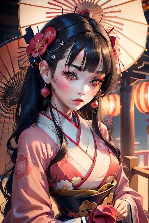 Seductive geisha, wear black kimono, black hair, red moon, dark skin complexion, cherry blossom on hair, 4k, almond eyes, big lip, logo, heart shape face, face fuller, sexy hair tied up, black eyes, dark red lipstick, female samurai warrior, swords, face shots, head shots, freckles on the face, up close head face shots, full hair, brown skin tanned
