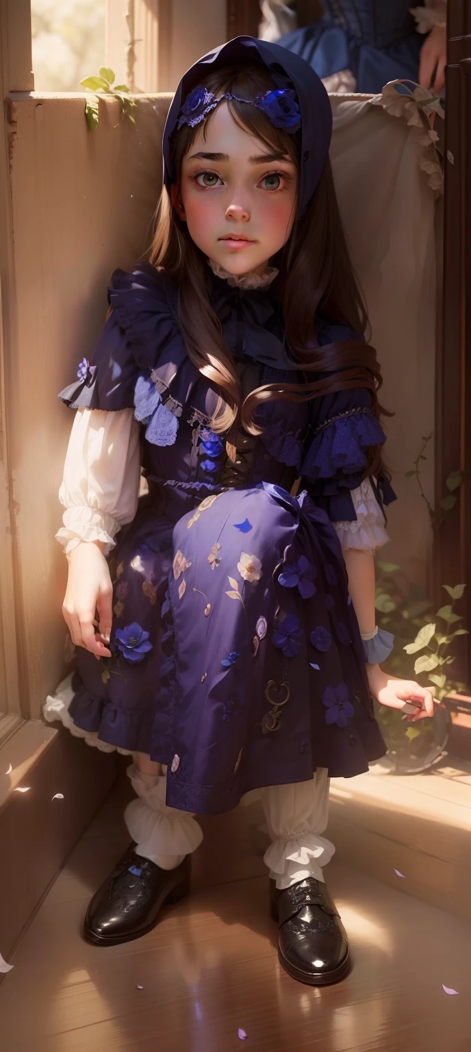there is a young girl in a dress and a flower in her hair, victorian style costume, victorian blue dress, inspired by Alice Prin, lovely languid princess, portrait of princess, princess portrait, portrait of a princess, inspired by Sophie Gengembre Anderson, young victorian sad fancy lady, victorian dress, young girl in steampunk clothes, gothic princess portrait