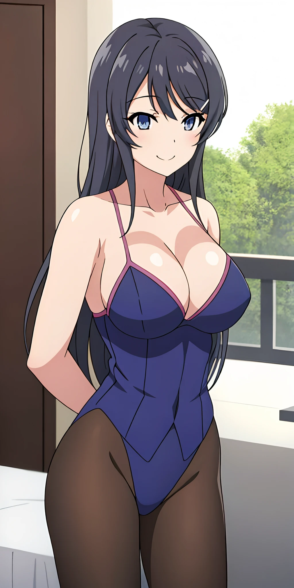 女の子1人,von vorne,mid large breasts,arms behind back,stehend im Wohnzimmer,Perfect Body,sweet smile,sehr weiter ausschnitt,clenched breasts