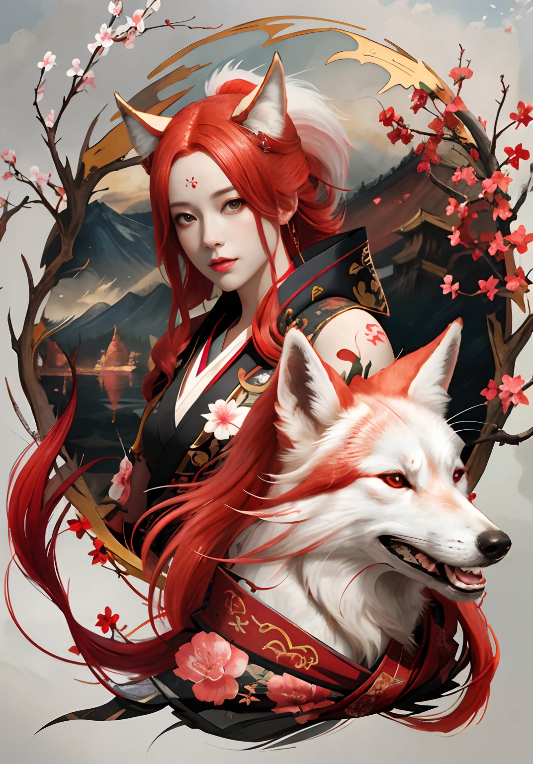 a woman with (((red hair))) , a white wolf, detailed art, a beautiful kitsune woman, onmyoji, Japanese art style, fox nobushi, kitsune, a beautiful fox lady, Amaterasu, by Yang J, Guweiz, (best quality, 4k, highres, masterpiece:1.2), ultra-detailed, (realistic, photorealistic:1.37), HDR, UHD, studio lighting, ultra-fine painting, sharp focus, physically-based rendering, extreme detail description, professional, vivid colors, bokeh, portraits, landscape, horror, anime, sci-fi, photography, concept artists, vibrant color tones, atmospheric lighting