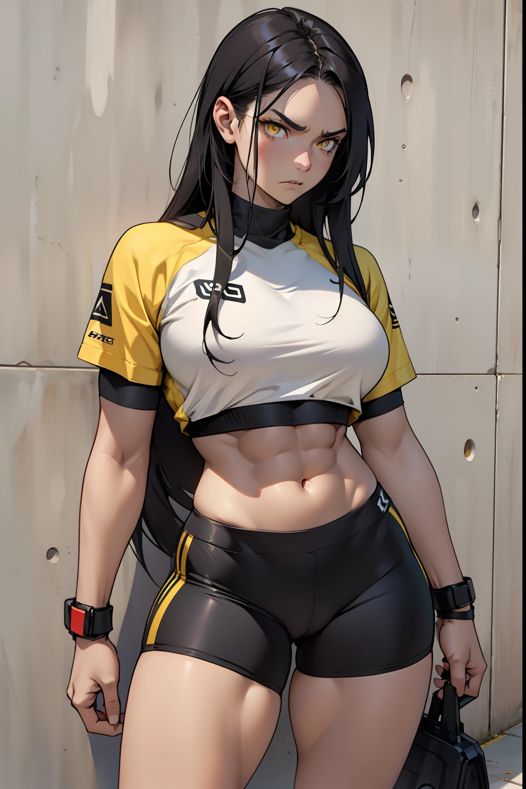 1 girl, solo, black, hair, extremely long hair, yellow eyes, angry, large breasts, thick thighs, curvy, wide hips, (muscular), toned body, crop top, bike shorts, navel, abs, concrete, pale skin