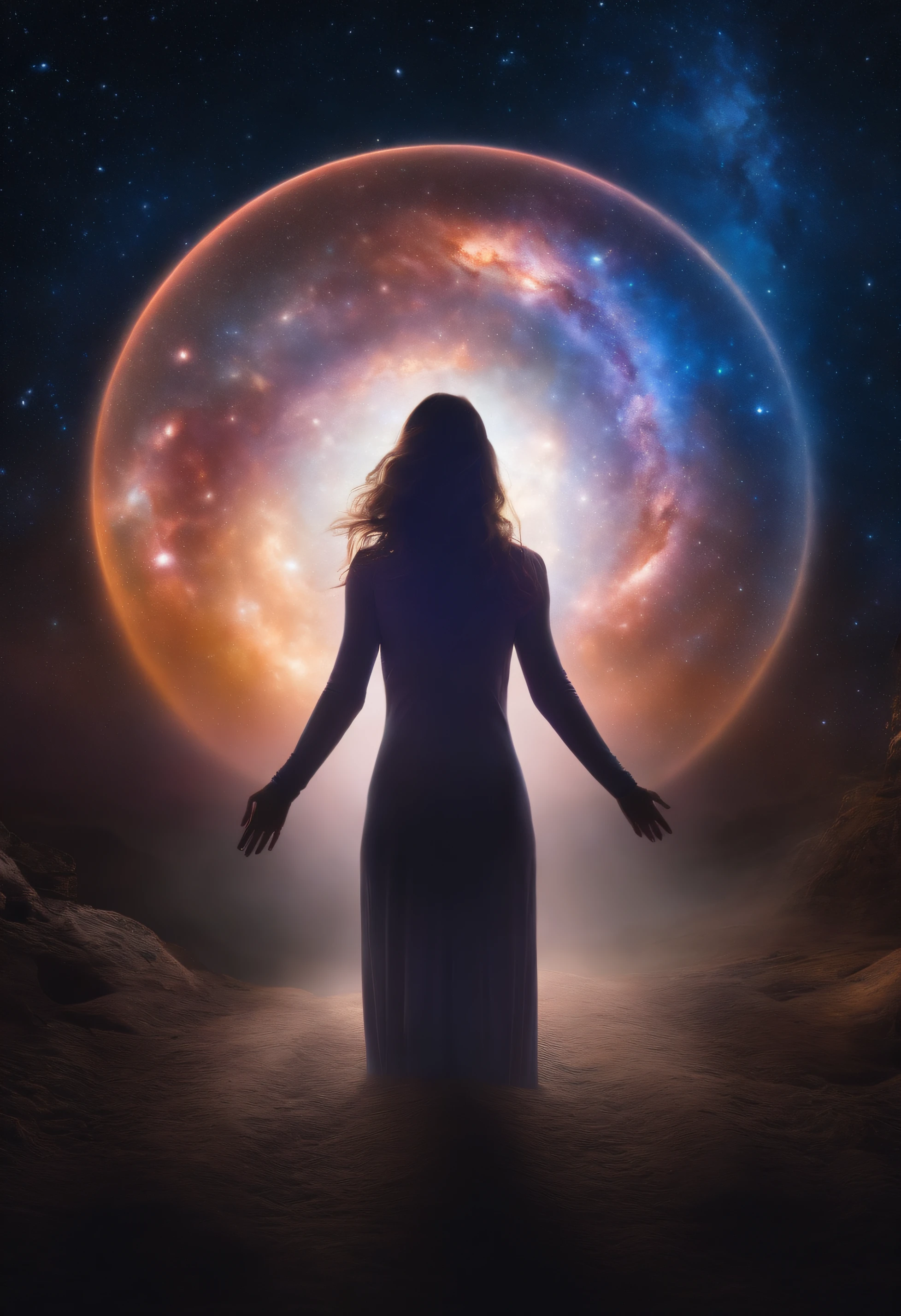 Mystical woman in the middle of the universe Astral body, Etéric atmosphere, Aurico, recendo sussurros do universo