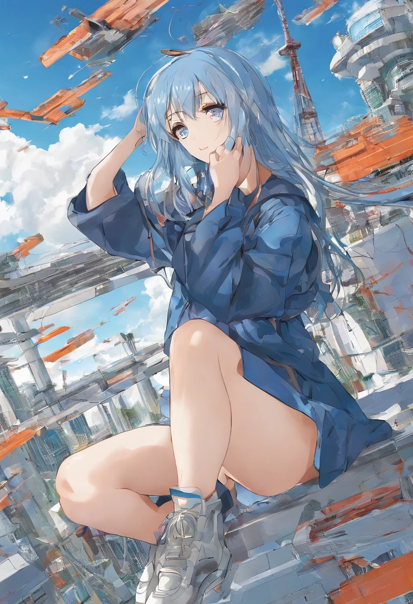 Ark of Tomorrow,a beauty girl,The figure stands on the roof,Long blue hair blown up by the wind,Wear overcoat shorts,There are black leg loops on the legs,Blue eyes,Look down at the camera in your hand,Low saturation,The viewing angle is heads-up,A scene seen from a distance,A little wasteland