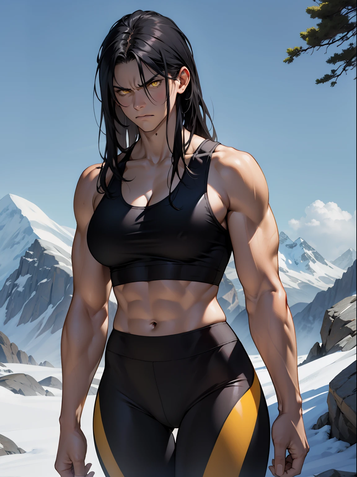 black hair, extremely long hair, yellow eyes, pale skin, muscular, large breasts, thick thighs, angry, leggings, tank top, mountain range background