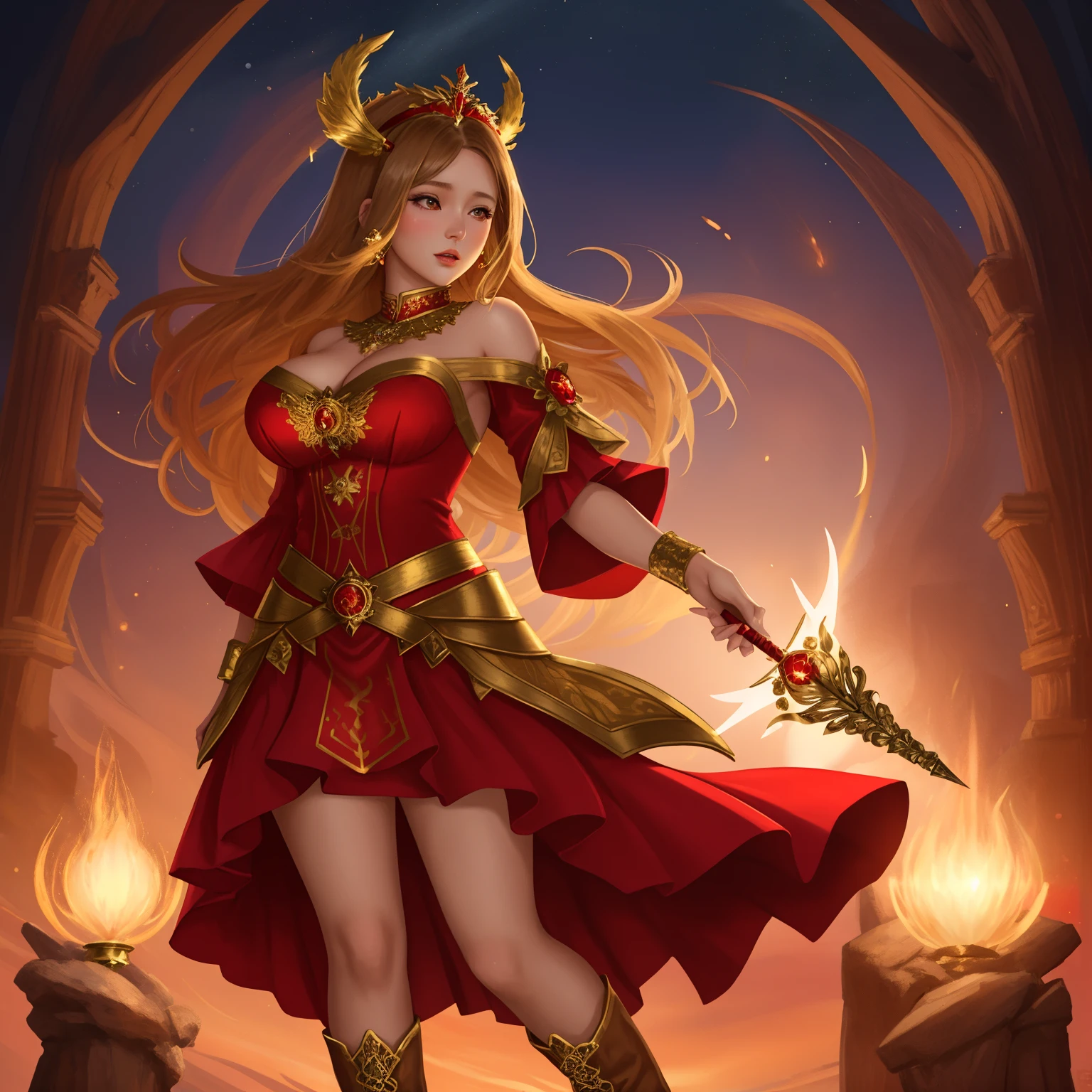 Model majicMIX fantasy girlbrunette with face and body like Jodie Gasson ,dressed in a crimson sorceress dress decorated with golden patterns; , holding a magic wand in his hand , stands in full growth , Her boots are visible , Beautiful crimson sorceress dress , Beautiful magic wand , Front light.
