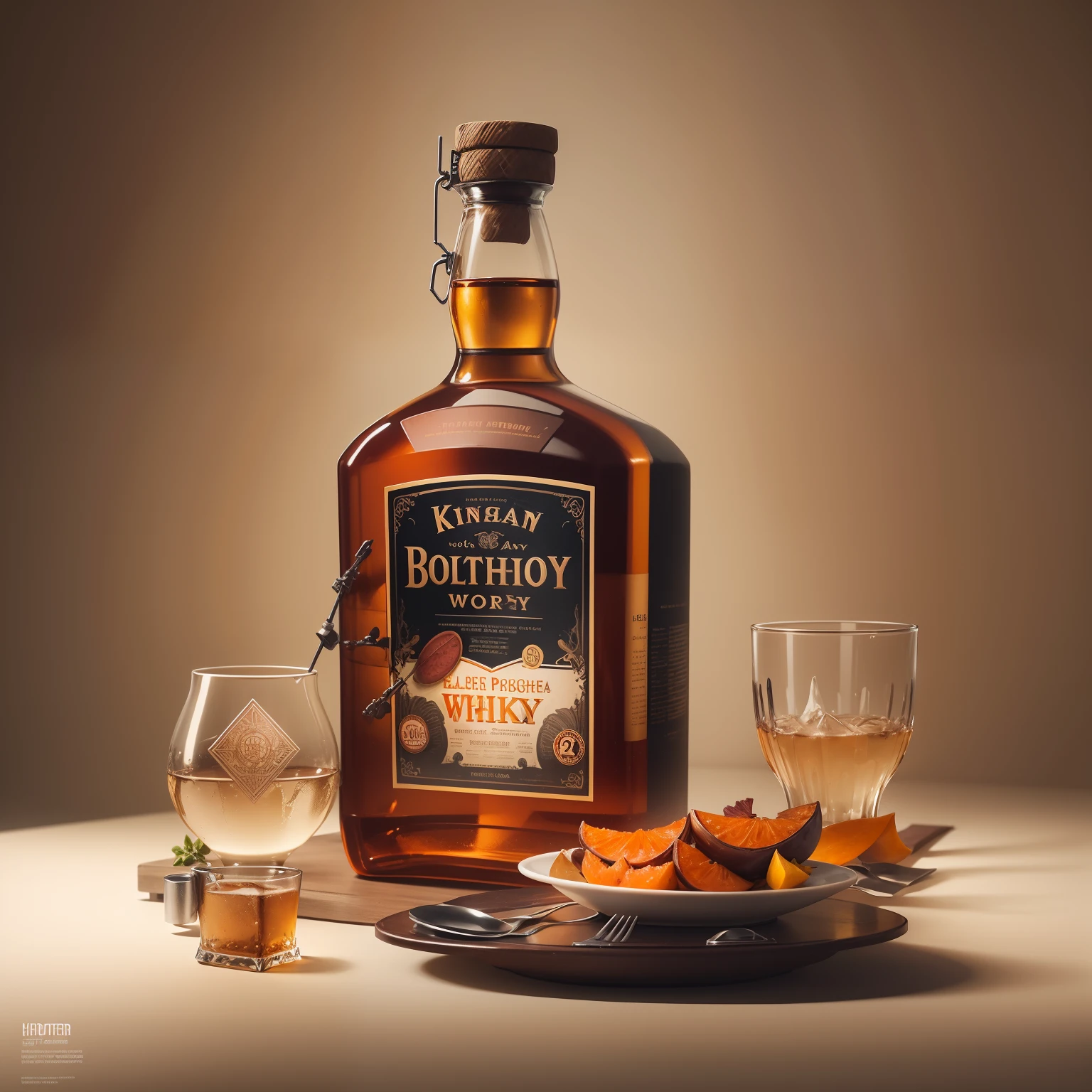 poster for,Mechanical liquor beauty,A bottle of whiskey and a plate of baked sweet potatoes,Creative advertising,English,chino,Japanese,charactor,Cover of a,boldness,attention-grabbing,titles,typeface,Catchy,titles,more big,Smart,modern day,Fashionab,focus-on,8K, High quality, Masterpiece, Best quality, k hd, Extremely detailed, voluminetric lighting, Photorealistic