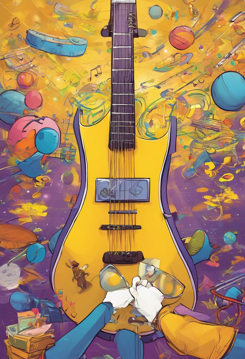 Music and relaxation, 插圖, with the musical notes flying in space, use apenas os tons de roxo e amarelo