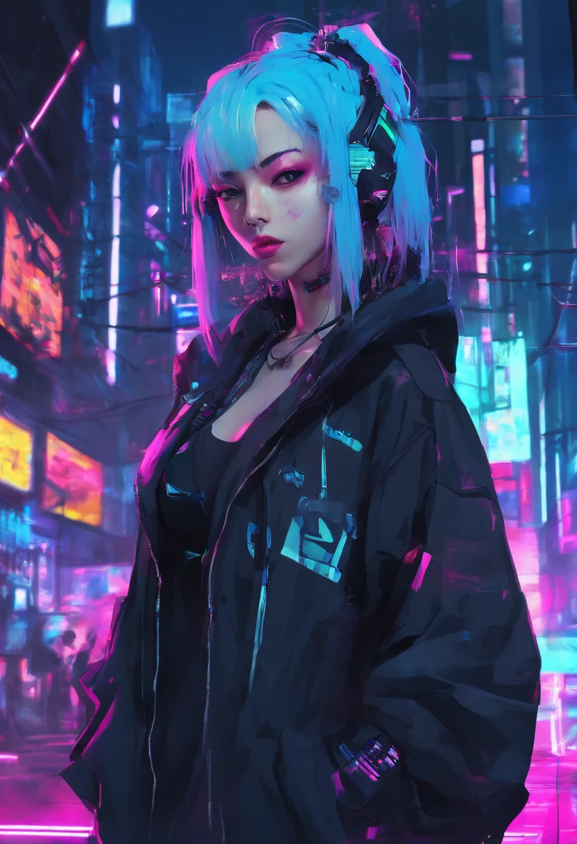 cyber punk style,style of anime,schoolgirls,Long blue hair,Black cape,downpours,废墟