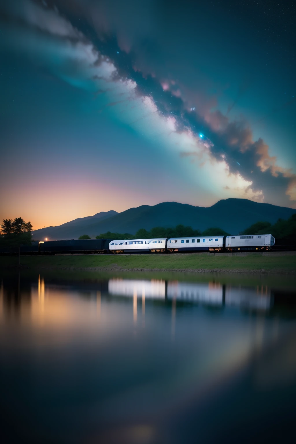 High quality masterpiece, landscape, anime train passing through bodies of water on tracks, bright starry sky. Romantic train, pixiv, concept art, lofi art style, reflection. by Makoto Shinkai, lofi art, Beautiful anime scene, Anime landscape, detailed scenery —width 672, in style of Makoto shinkai, style of Makoto shinkai, enhanced details.