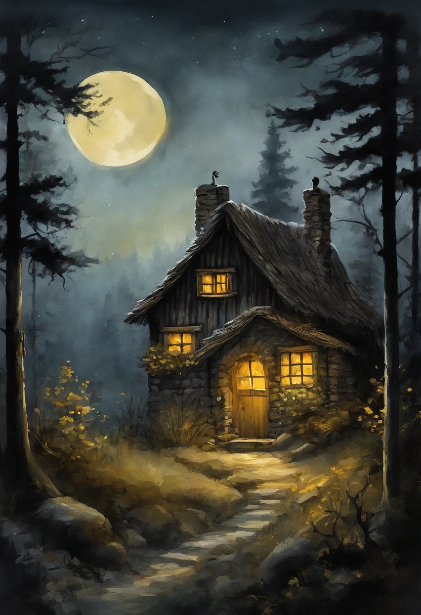 In a glade of a dense coniferous forest, On a dark night, stands old, Little, wood house, on two low wooden poles. The pillars on which the house stands, braided with leaves and poorly visible. The house is very small from the outside, made of wood and does not look much sinister. Not far from the house stands a young girl with thick black hair and a large basket in her hands. She looks at the house. From the window of the house you can see a cozy yellow light. The hut is illuminated by dim moonlight.