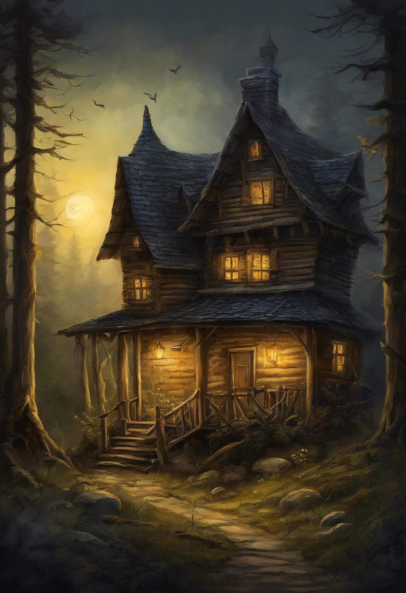 In a glade of a dense coniferous forest, On a dark night, stands old, Little, wood house, on two low wooden poles. The pillars on which the house stands, braided with leaves and poorly visible. The house is very small from the outside, made of wood and does not look much sinister. Not far from the house stands a young girl with thick black hair and a large basket in her hands. She looks at the house. From the window of the house you can see a cozy yellow light. The hut is illuminated by dim moonlight.