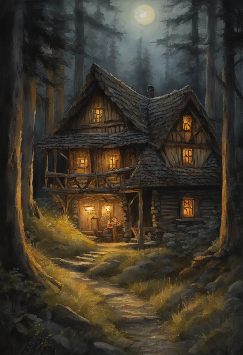 In a glade of a dense coniferous forest, On a dark night, stands old, Little, wood house, on two low wooden poles. The pillars on which the house stands, braided with leaves and poorly visible. The house is very small from the outside, made of wood and does not look much sinister. Not far from the house stands a young girl with thick black hair and a large basket in her hands. She looks at the house. From the window of the house you can see a cozy yellow light. The hut is illuminated by dim moonlight.