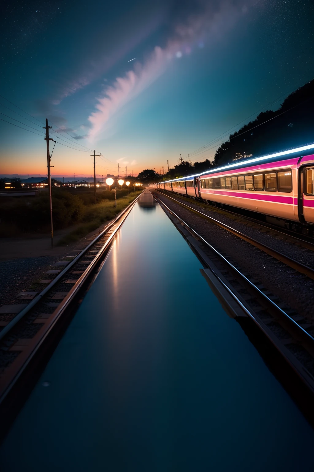 High quality masterpiece, landscape, anime train passing through bodies of water on tracks, bright starry sky. Romantic train, pixiv, concept art, lofi art style, reflection. by Makoto Shinkai, lofi art, Beautiful anime scene, Anime landscape, detailed scenery —width 672, in style of Makoto shinkai, style of Makoto shinkai, enhanced details.