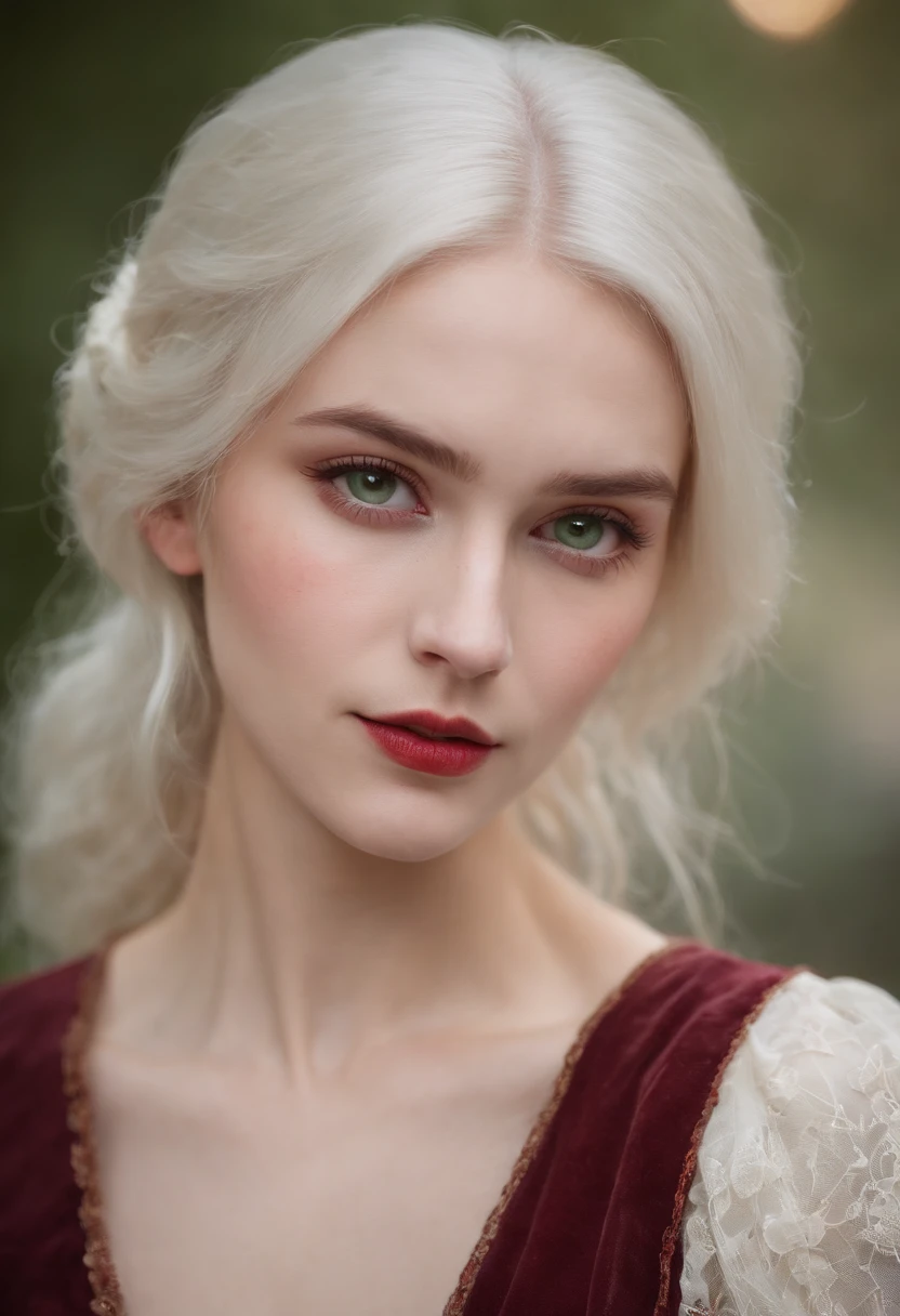 (((A deep reddish wound crosses her left cheek))) Fair complexion, Female about 19 years old, natural white hair, Distinctive green eyes, Wearing Kohl, slender and graceful, Beautiful, Candles in a medieval setting, ultra sharp focus, realistic shot, Medieval women's clothing, Notebook colors (scar:1.4)