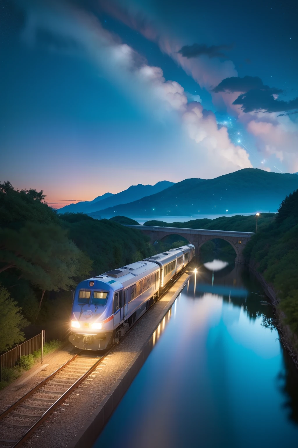 High quality masterpiece, landscape, anime train passing through bodies of water on tracks, bright starry sky. Romantic train, pixiv, concept art, lofi art style, reflection. by Makoto Shinkai, lofi art, Beautiful anime scene, Anime landscape, detailed scenery —width 672, in style of Makoto shinkai, style of Makoto shinkai, enhanced details.