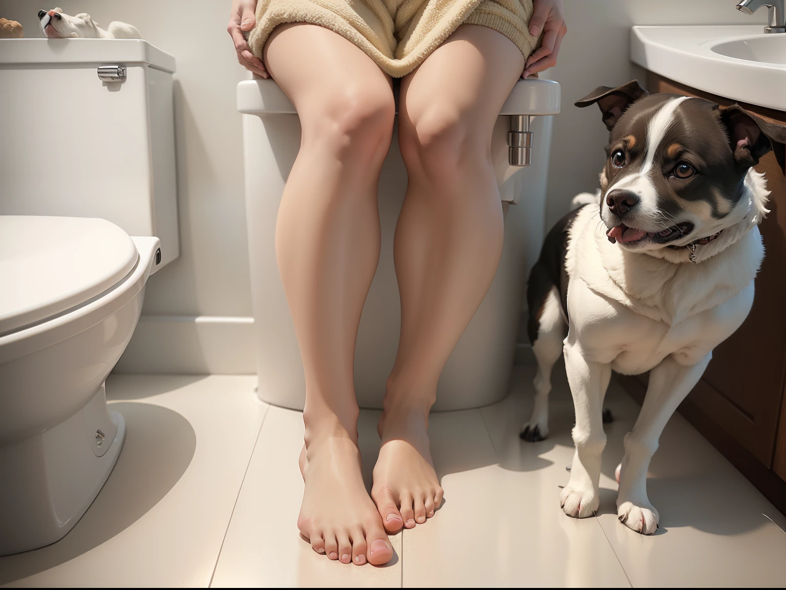 only one person's legs in a bathroom, person's leg shows in photo, person setting on toilet, person's legs in a bathroom, no face of person only legs appear siting on a toilet, person's short half Ebbing, dog looking at camera, dog looking away from camera, dog staring at the camera, dog sitting on the floor, instagram photo