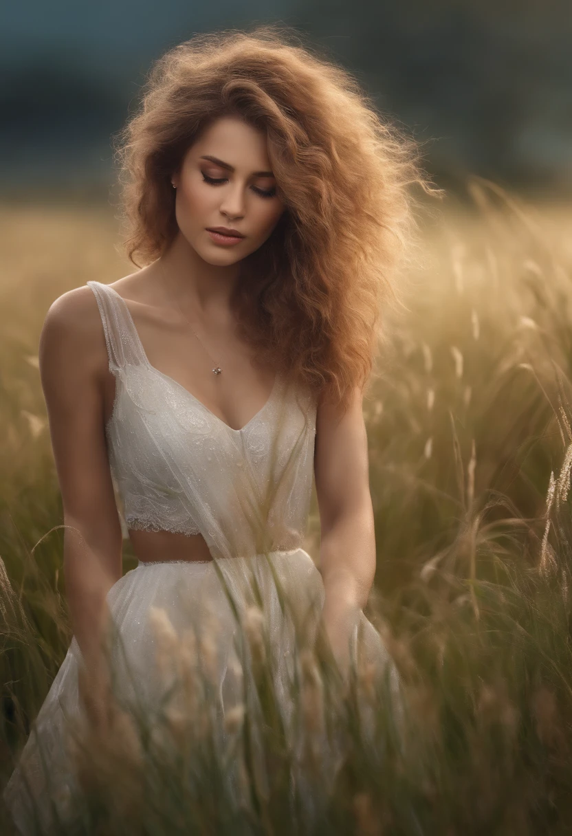 1 rapariga,Melancholy and sadness,weeping，grass field, By the lion, Short skirt, (Very detailed background:1.0), (highly detailed back ground:1.0),