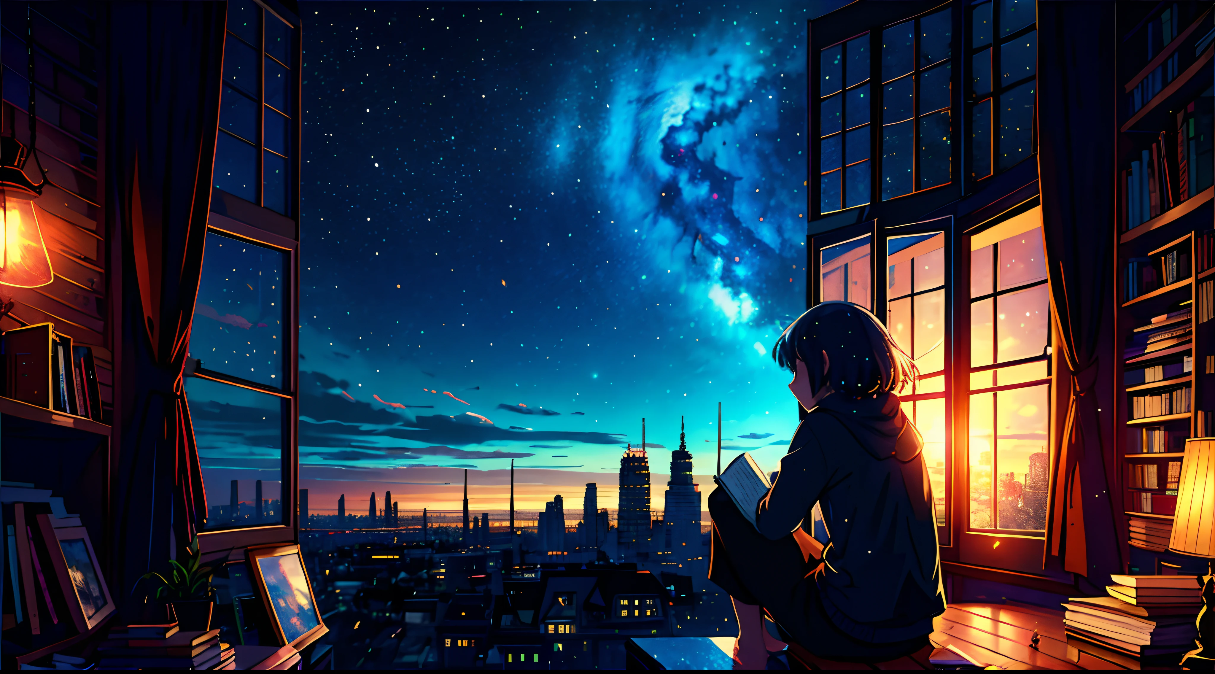 masterpiece, 1girl, solo, room full of scattered books, sitting at window, barefoot, reading book, night at window, distant city lights, starry sky, nebula, close side shot, 8k, detailed, best quality,