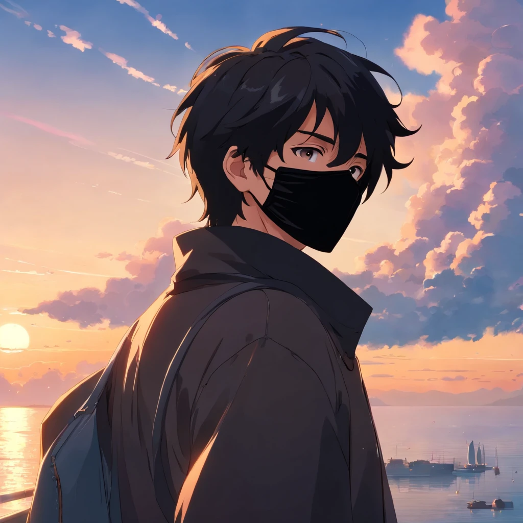Masterpiece, Best quality, cinematic Film still from, 1 adolescent male, mature, (((Black mask))), Side face, Black hair, Cloud, Floating in the sky, Close-up, Bright, Warm and soft lighting, Sunset, (spark of light:0.7)