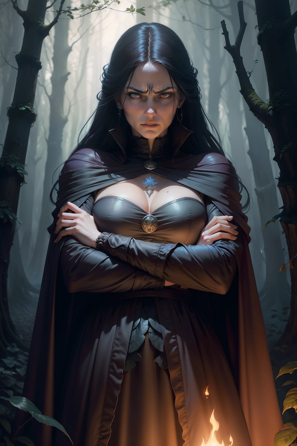 A mean, angry woman with crossed arms blocking a pathway in the woods, background is dark autumn sky, mood is hindering, obstruction, obscuring discord, digital art, hyper realistic, 8k, unreal engine, character design, art by Peter Paul Rubens, Anne Stokes, Blaz Porenta, Zdzislaw Beksinski, Marc Simonetti, Gerald Brom.