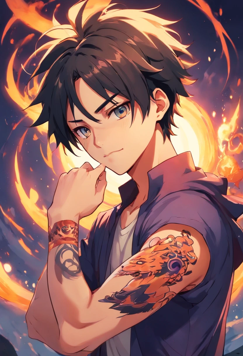 a close up of a person with a tattoo on his arm, Ohararyu, com o dedo indicador, Ichigo Kurosaki, sukuna, Retrato de Hisoka Hunter Hunter, Jujutsu Kaisen, Gilgamesh, personagem de anime; arte de corpo inteiro, Akiyuki Shinbou, Coringa se parece com Naruto, pose, cara bonito na arte demon slayer, Hisoka, um santuario como cenario de fundo, emanando energia, aura de poder