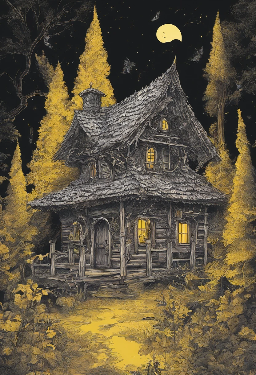 In a glade of a dense coniferous forest, On a dark night, stands old, Little, wood house, on two low wooden poles. The pillars on which the house stands, braided with leaves and poorly visible. The house is very small from the outside, made of wood and does not look much sinister. Not far from the house stands a young girl with thick black hair and a large basket in her hands. She looks at the house. From the window of the house you can see a cozy yellow light. The hut is illuminated by dim moonlight.