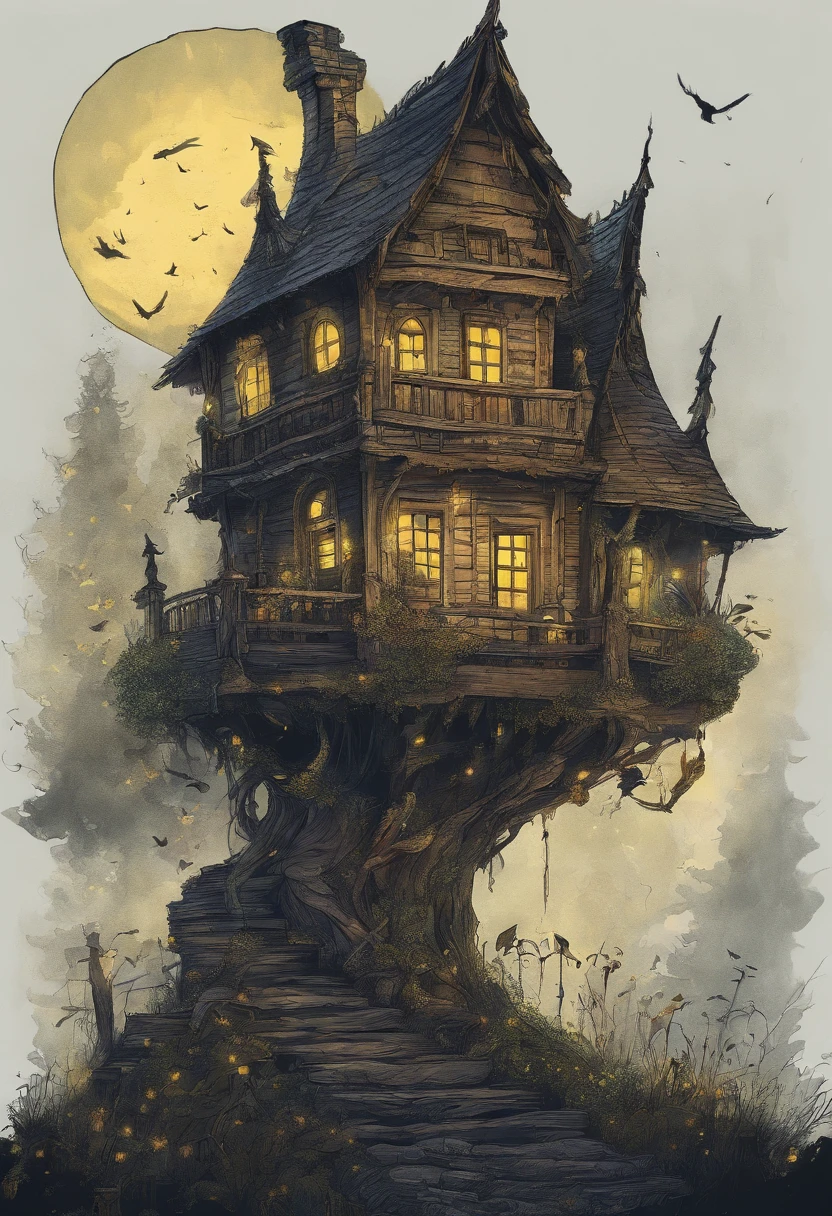 In a glade of a dense coniferous forest, On a dark night, stands old, Little, wood house, on two low wooden poles. The pillars on which the house stands, braided with leaves and poorly visible. The house is very small from the outside, made of wood and does not look much sinister. Not far from the house stands a young girl with thick black hair and a large basket in her hands. She looks at the house. From the window of the house you can see a cozy yellow light. The hut is illuminated by dim moonlight.