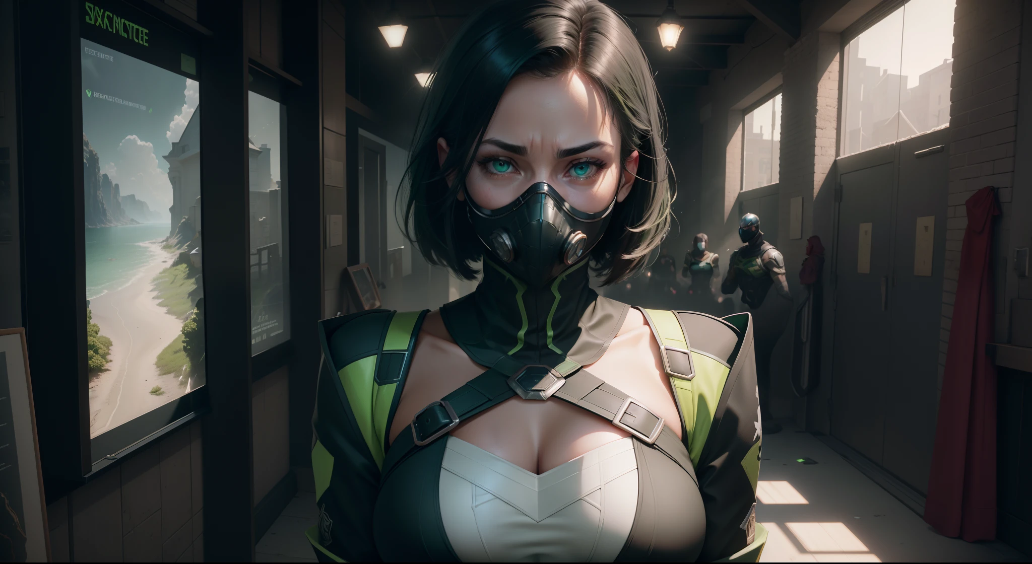 insane details, beautifully color-graded, Unreal engine, Depth of field, extra high resolution, megapixel, Cinematic Lightning, Smoothing, insanely detailed and intricate , Hyper maximalist, hyper realistic, volumetric, Photorealistic, ultra photorealistic, ultra- detailed, intricate details, 8K, Super detailed , Full color, voluminous lighting, HDR, Realistic, Unreal engine, 16k, sharp-focus, Octane Render, RTX. Incredibly detailed faces, Incredible fingers, Unbelievable eyes, Incredible hair, Incredible hands ((( Free postures, sexuality ))) (( brightly, brightly:1,3 , color corrected )) (( Good, ssmile )) ((( Rotated to the right ))) (( big breastes)) (( in clothes )), tmasterpiece, ( venom, Green, tmasterpiece ) (( Respirator face mask )) (( green eye color )), on the background map from Valorant, Against the background of the laboratory, Chemistry, (((((SOLO)))))