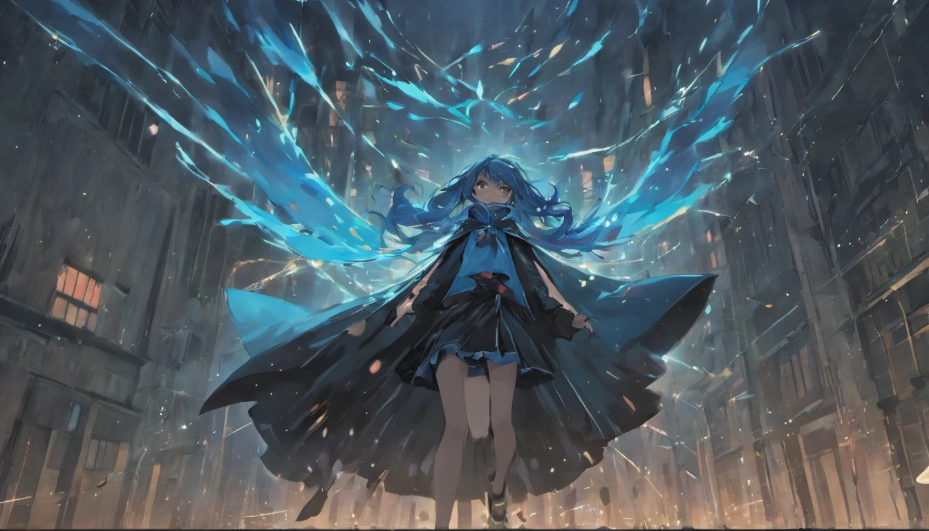 Anime style,schoolgirls,Long blue hair,Black cape,downpours,废墟