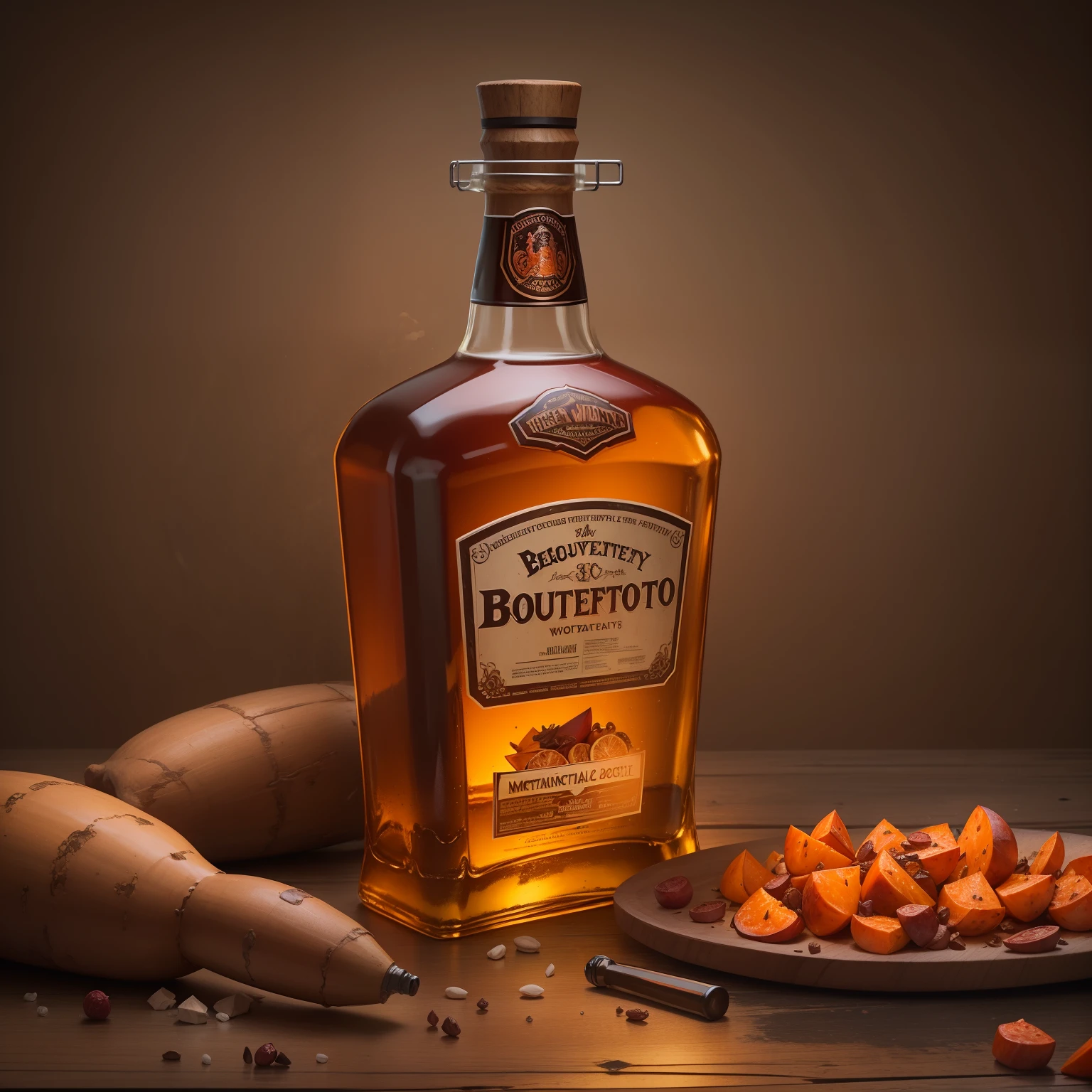 poster for,Mechanical liquor beauty,A bottle of whiskey and a plate of baked sweet potatoes,Creative advertising,8K, High quality, Masterpiece, Best quality, k hd, Extremely detailed, voluminetric lighting, Photorealistic