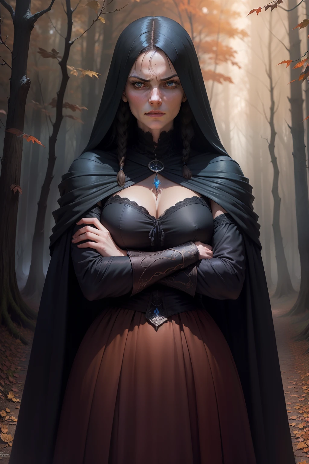 A mean, angry woman with crossed arms blocking a pathway in the woods, background is dark autumn sky, mood is hindering, obstruction, obscuring discord, digital art, hyper realistic, 8k, unreal engine, character design, art by Peter Paul Rubens, Anne Stokes, Blaz Porenta, Zdzislaw Beksinski, Marc Simonetti, Gerald Brom.