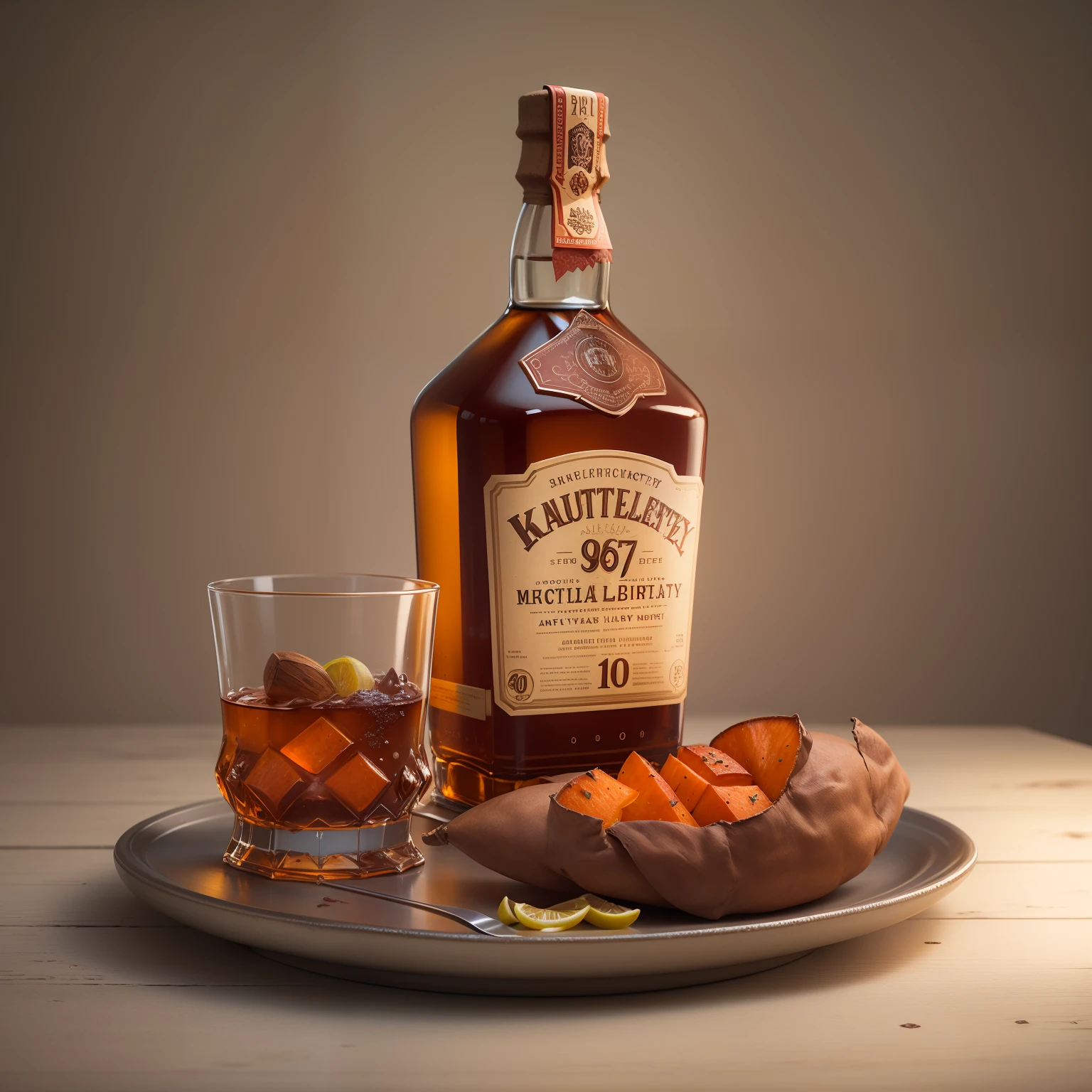 Mechanical liquor beauty，A bottle of whiskey and a plate of baked sweet potatoes，Creative advertising，8K, High quality, Masterpiece, Best quality, k hd, Extremely detailed, voluminetric lighting, Photorealistic