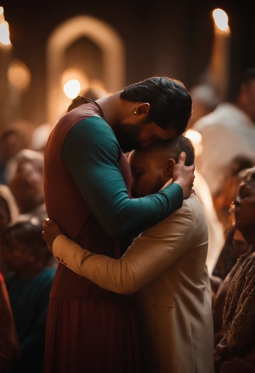 god giving a hug in the people praying, ultra resolution, backlights in the bakground.