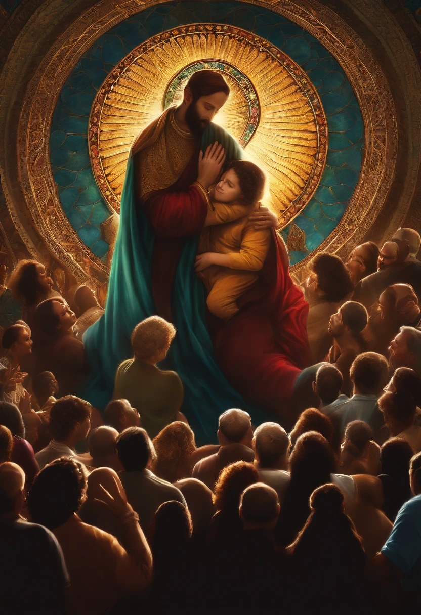 god giving a hug in the people praying, ultra resolution, backlights in the bakground.