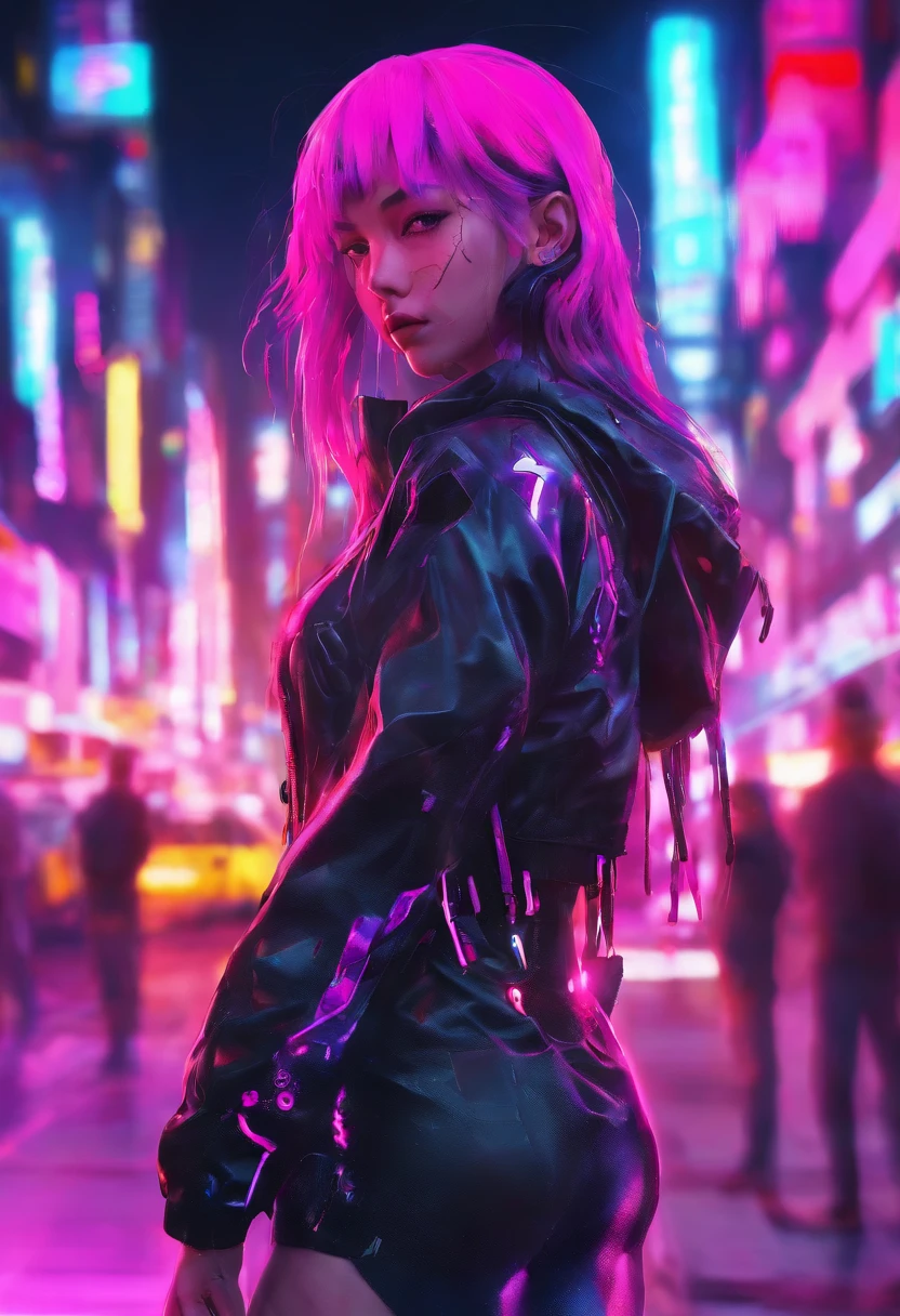(Best quality: 0.8), (Best quality: 0.8), Perfect anime illustration, Close-up portrait of a beautiful woman walking around town, long purple hair, huge breasts, blushing eyes (((NSFW))) Clear white dress neon night city super detailed super detailed face bright eyes galaxy in eyes ridiculous 4k full hd top in pixiv super dry red eyes download file huge areola erection (Love juice 1;4) absurderes