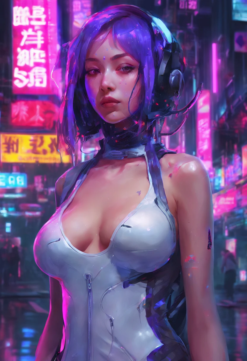 (Best quality: 0.8), (Best quality: 0.8), Perfect anime illustration, Close-up portrait of a beautiful woman walking around town, long purple hair, huge breasts, blushing eyes (((NSFW))) Clear white dress neon night city super detailed super detailed face bright eyes galaxy in eyes ridiculous 4k full hd top in pixiv super dry red eyes download file huge areola erection (Love juice 1;4) absurderes