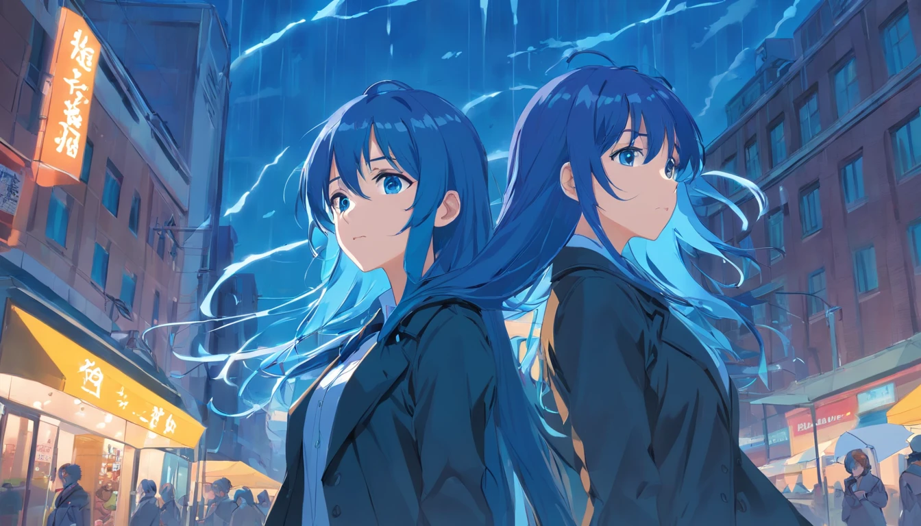 Anime style,schoolgirls,Long blue hair,Black trench coat,downpours,废墟