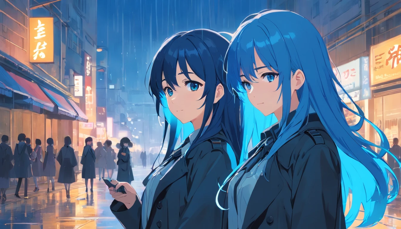 Anime style,schoolgirls,Long blue hair,Black trench coat,downpours,废墟