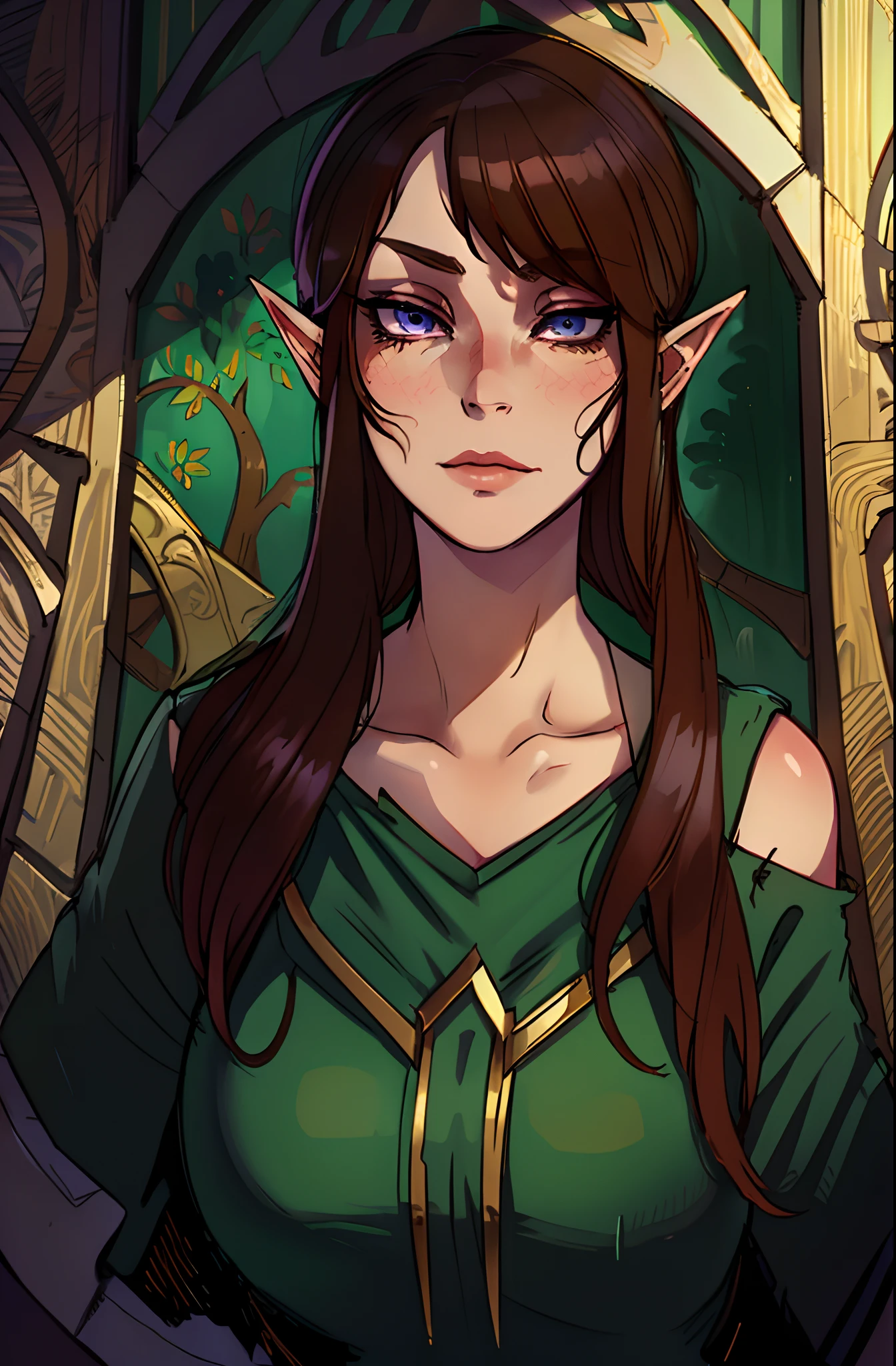 a close up of a woman in a green dress with a sword, elf girl, a portrait of an elf, elven character with smirk, portrait of an elf, she has elf ears and gold eyes, centered elven, female elf, half elf woman, portrait of an elf queen, elf princess, an elf queen, female elfling