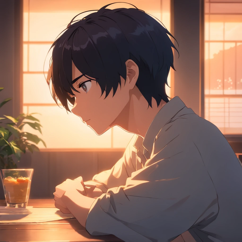 Masterpiece, Best quality, cinematic Film still from, 1 adolescent male, Side face, Black hair, room interior,The background of the details, Bright, Dark environment,table light