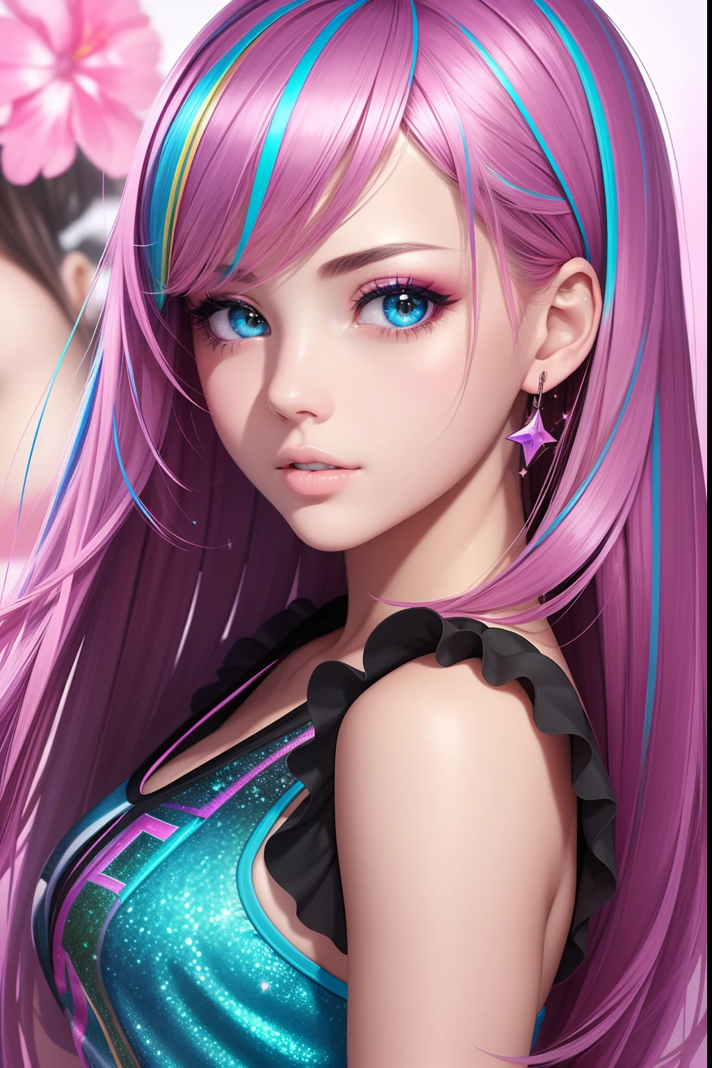 unparalleled masterpiece ever, super realistic 8K , erfect artwork、Fresh fashion for teens in the UK、Sexy and colorful、shockingpink、((a miniskirt))、frilld、Women's glitter fashion、A detailed face、face perfect、perfect eyes、high-detail